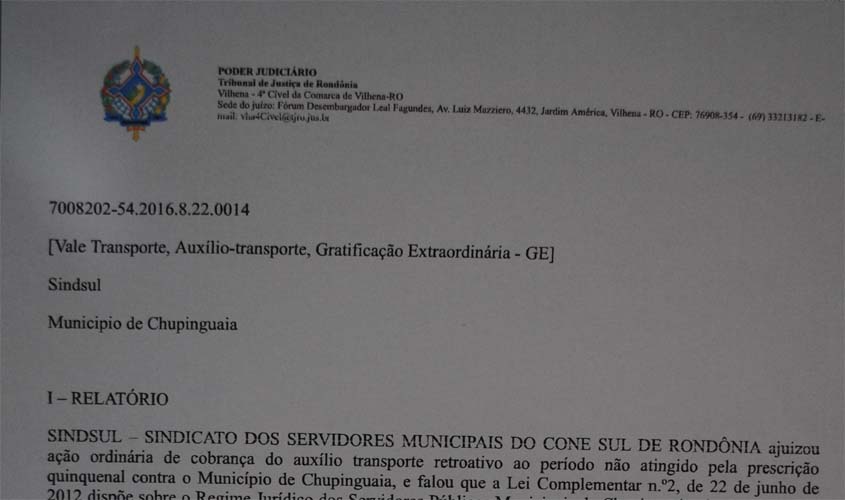 Justiça de Vilhena dá parecer favorável ao Sindsul e Prefeitura de Chupinguaia terá que pagar auxílio transporte