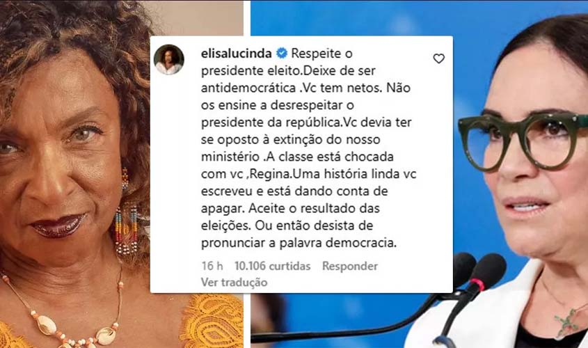 Ex-secretária de Bolsonaro, Regina Duarte diz que faixa de Lula é falsa e toma invertida de atriz: 'chocada'