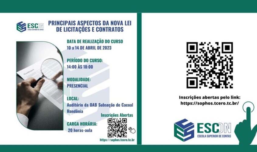 ESCon/TCE-RO oferta curso sobre os principais aspectos da Nova Lei de Licitações e Contratos, a ser realizado na OAB