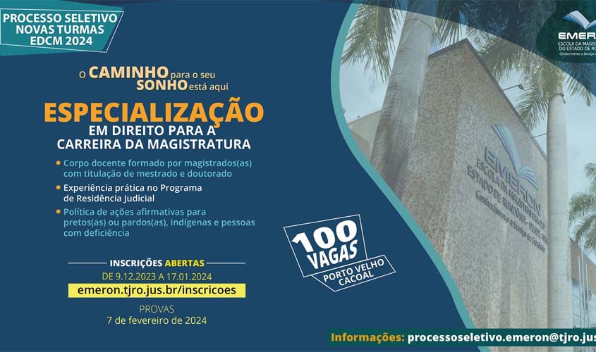 Inscrições para a Especialização em Direito para a Carreira da Magistratura continuam até o dia 17 de janeiro, com vagas em Porto Velho e Cacoal