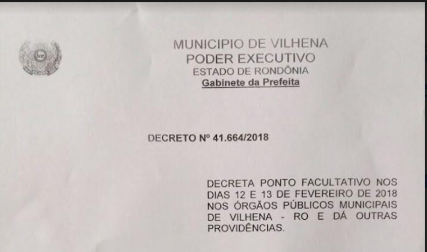 Prefeitura de Vilhena decreta ponto facultativo nos dias 12 e 13 de fevereiro