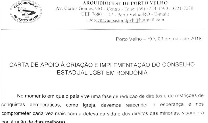 Arquidiocese de Porto Velho divulga carta de apoio ao Conselho Estadual LGBTTT