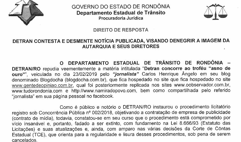 Direito de resposta  extrajudicial do DETRAN/RO