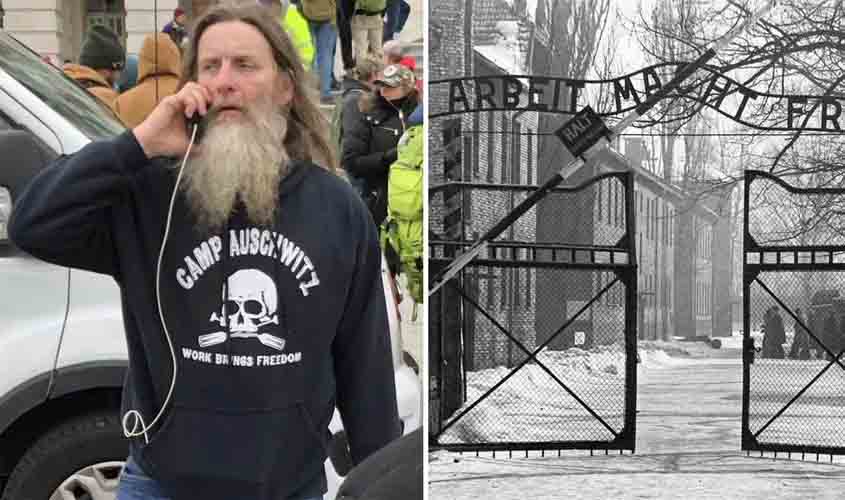 Trumpista que invadiu Capitólio usava blusa com o lema do campo de concentração nazista de Auschwitz