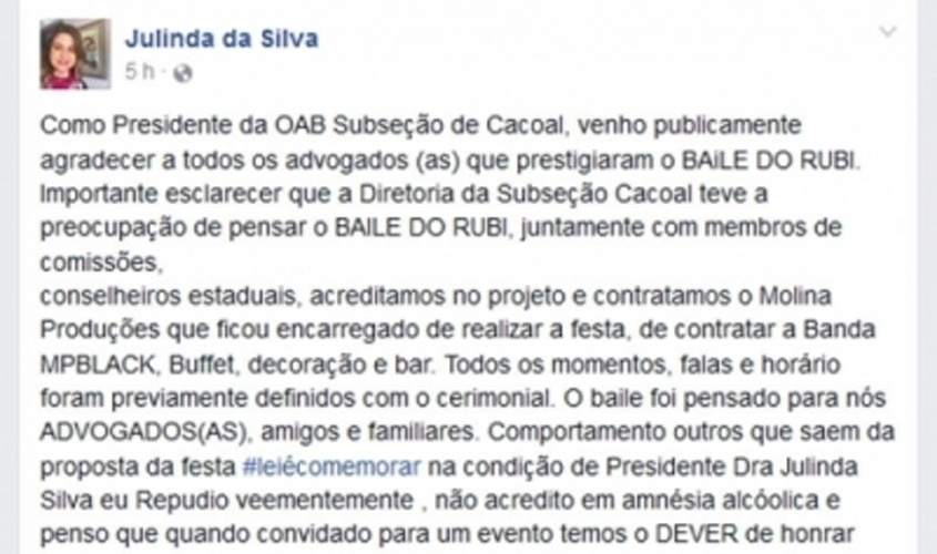 Ex-deputado rondoniense cassado promove nova baixaria e avacalha baile de advogados 