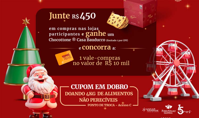 Promoção de Natal com brindes exclusivos e sorteio de vale-compras no valor de R$ 10 mil acontece no Porto Velho Shopping