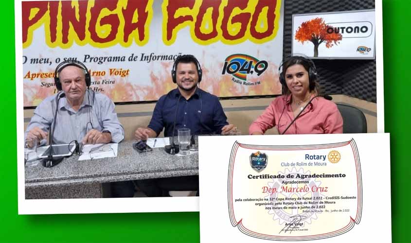 Deputado Marcelo Cruz recebe certificado de agradecimento por apoio à Copa Rotary de Futsal