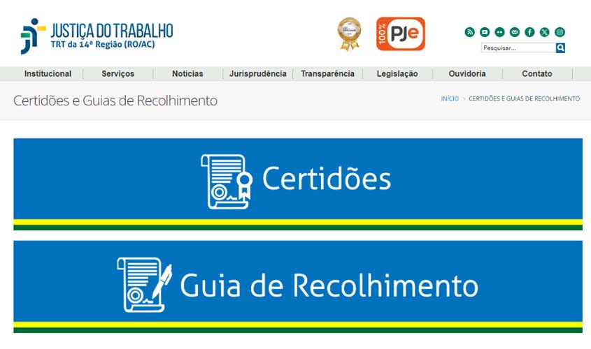 TRT-14 atualiza página no seu site para emissão de GRU Simples e Judicial