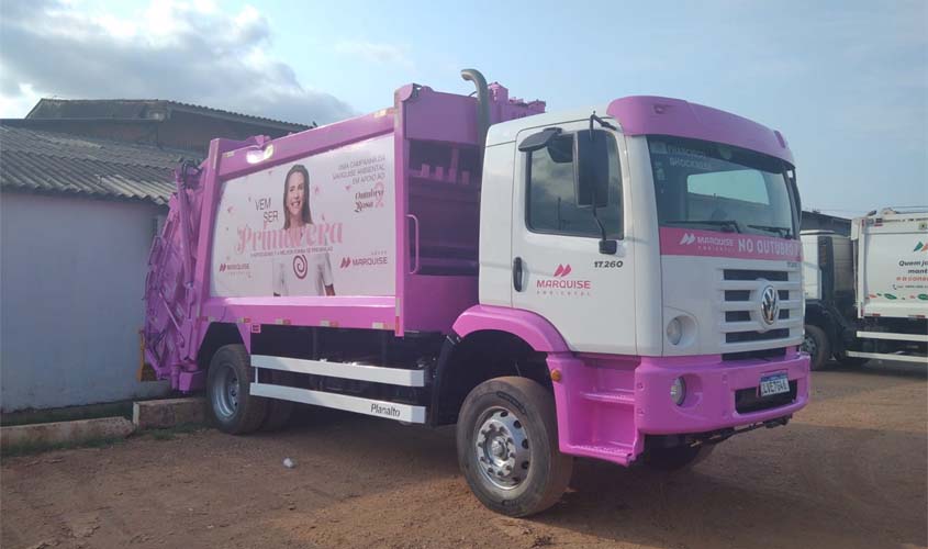 Marquise Ambiental adesiva caminhões para destacar importância do Outubro Rosa 