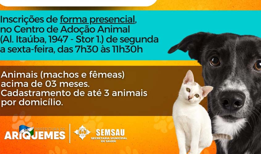 Prefeitura abre cadastramento para castração de animais domésticos de famílias inseridas no Cad. Único