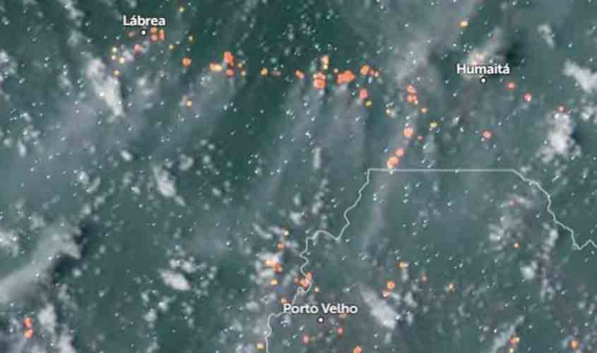 Imagem da  Sala de Situação da Sedam comprova que a fumaça que voltou a encobrir Porto Velho está vindo do Sul do Amazonas