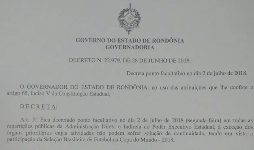 Seleção vai para as oitavas de final e Governo de Rondônia decreta ponto facultativo para segunda-feira