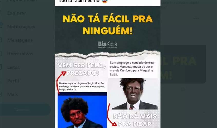 Deputada bolsonarista Bia Kicis faz postagem racista com Moro e Mandetta