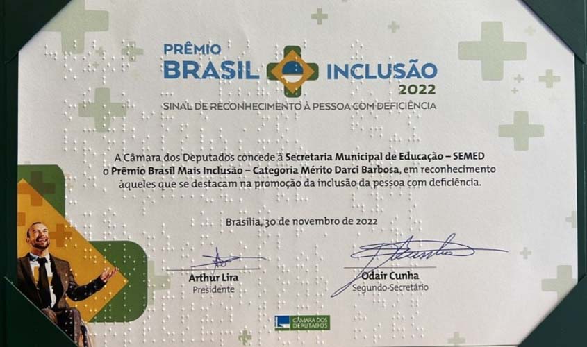 Prefeitura de Porto Velho recebe Prêmio Brasil Mais Inclusão por qualidade das ações na educação especial