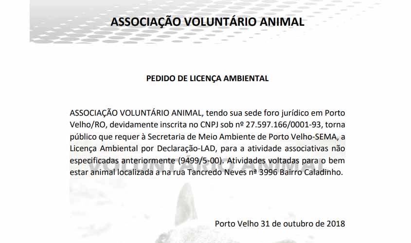 Pedido de Licença Ambiental - Associação Voluntário Animal